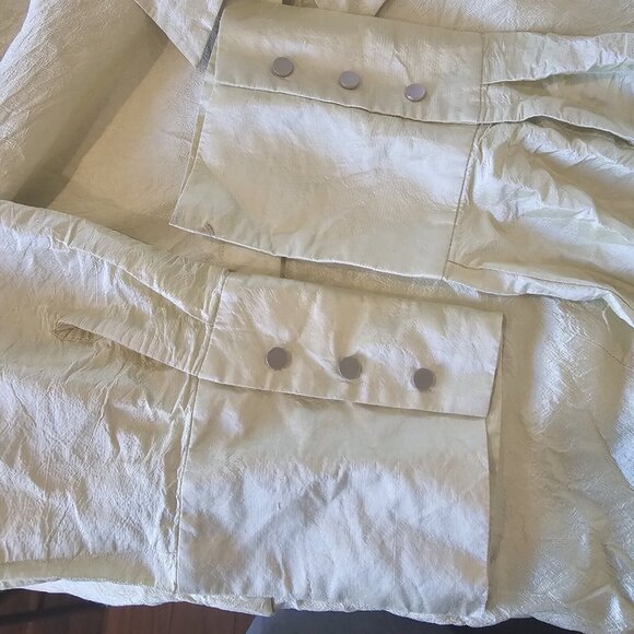 Y2K Raw Silk Shirt Sz XL Petite Snap Light Green Long Sleeve Irridescent Office - Picture 7 of 12